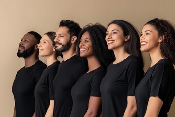 A group of people wearing black shirts stand in a line, smiling and looking at the camera. Concept of unity and positivity, as the group appears to be happy and enjoying each other's company