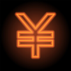 Yen simple icon vector. Flat design. Orange neon on black background
