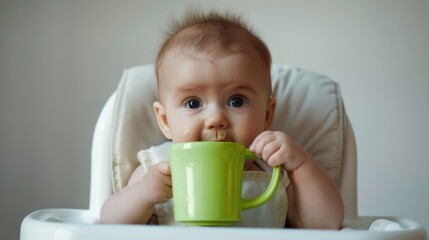 white baby drinking from green cup,&nbsp;sitting in high chair,&nbsp;looking at camera,&nbsp;white background