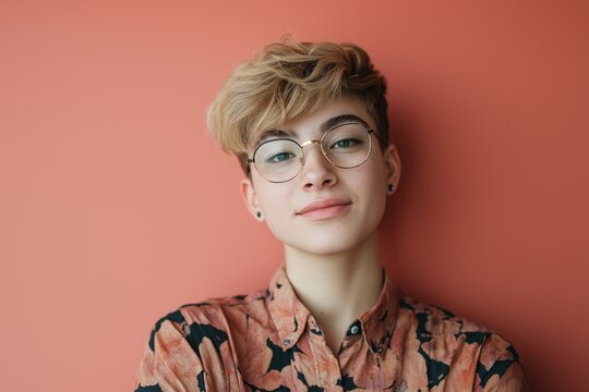A non-binary person with short hair and glasses is wearing a floral shirt. She is smiling and looking at the camera
