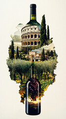 A double exposure of an Italian countryside scene with olive trees, vineyards, and the Colosseum, seamlessly blended into the shape of Italy's map. In front are two bottles of wine from Tuscany. High-