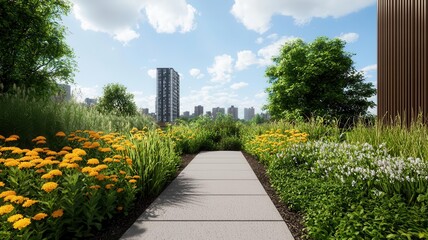 Fototapeta premium Rooftop garden with native grasses and wildflowers, promoting biodiversity in the heart of an urban environment