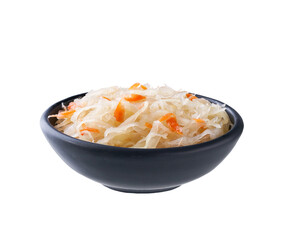 sauerkraut with carrot in a black ceramic bowl isolated on white background.