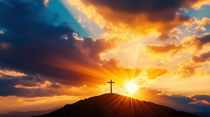 A stunning sunrise behind a cross on a hill, symbolizing hope, faith, and the beauty of new beginnings in a serene landscape.