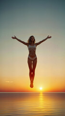 Fototapeta premium flying woman goddess divine yoga sunset horizon