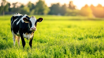 A tranquil black and white cow grazing in a lush green field at sunset, surrounded by nature's beauty and serenity.