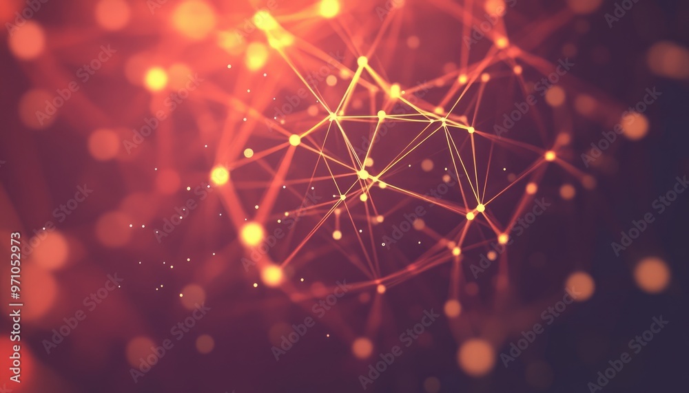 Poster 2D cartoon illustration depicting an abstract plexus structure creating a geometric pattern against a dark backdrop representing a network connection of dots and lines
