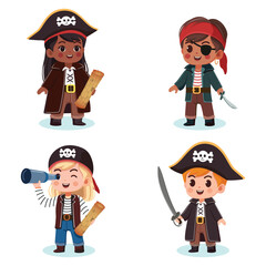 Cute different boys and girls in Pirate Costumes with sword, map and telescope. Vector illustration in cartoon flat style