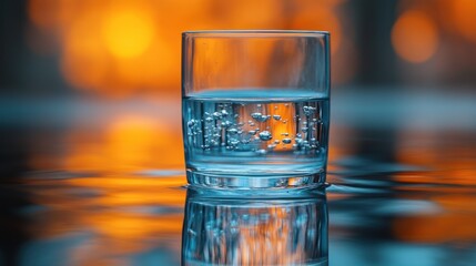 Glass of Water with Bubbles Reflecting on a Surface
