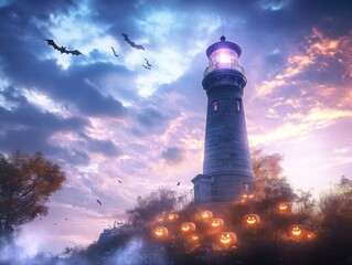 Haunted lighthouse glowing with eerie purple lights jack-o-lanterns lighting the path