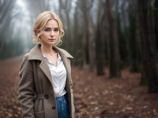A young woman posing with an Autumn scene backdrop