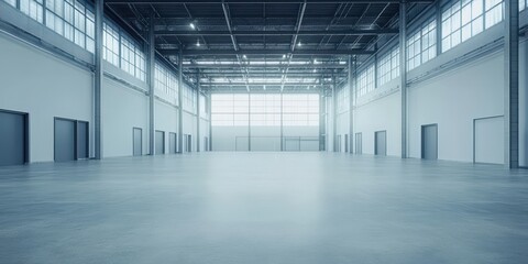 Spacious industrial warehouse interior with high ceilings and large windows, perfect for storage or commercial purposes.