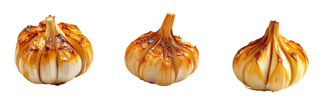 set of roasted garlic olden-brown caramelization and cloves, isolated on a transparent background