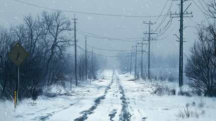 A snow-covered road, with electric poles and bare trees lining the path.