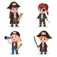 Cute different boys and girls in Pirate Costumes with sword, map and telescope. Vector illustration in cartoon flat style
