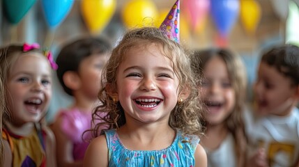 A group of children playing pin the tail on the donkey at a birthday party, their laughter and excitement contagious.