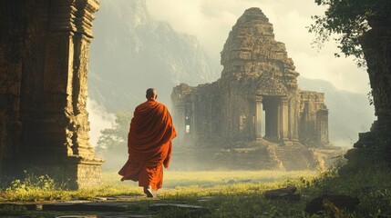 A solitary monk walking through the ruins of an ancient temple, his robes fluttering in the breeze as he moves with purpose.