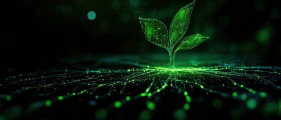 A vibrant green plant sprouts from a glowing surface, symbolizing growth and connection in a digital world.