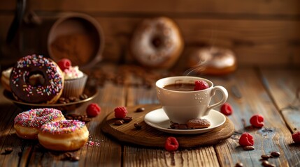 "Sweet Serenity: A Coffee Break with Donuts on a Wooden Table"