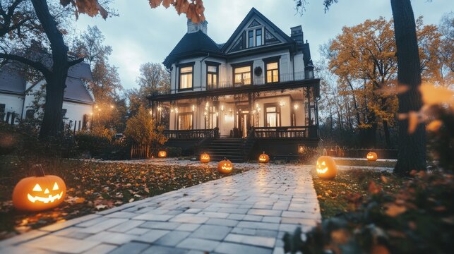 Haunted manor house transformed into a Halloween festival spooky decorations