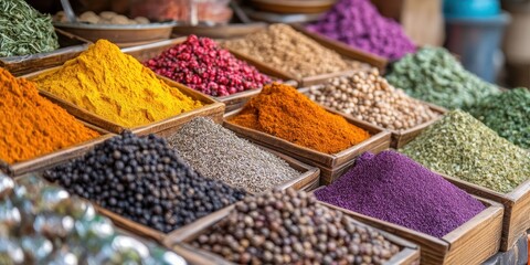 Fototapeta premium Vibrant display of spices in various colors and textures, showcasing the beauty and diversity of culinary ingredients.