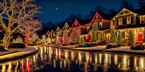 A stunning street lined with houses adorned in colorful Christmas lights creating a magical glow.