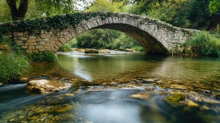 A stone footbridge with ivy growing along the sides, spanning a clear, shallow river.
