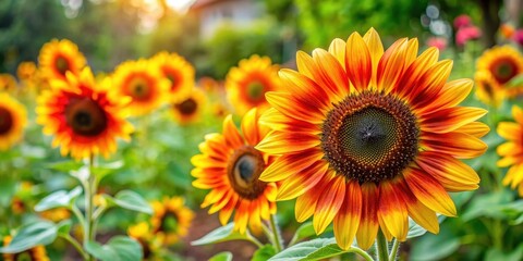 Obraz premium Close up of vibrant sunflowers blooming in a community garden of nature, sunflowers, yellow, bright, close up, blooming