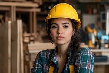 A young woman wearing a yellow hard hat and plaid shirt is sitting confidently in a carpentry workshop with wood shelves in the background with genrative ai