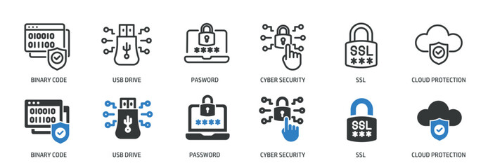 Cyber security line and glyph solid icons collection. Minimal icon and symbol series vector illustration