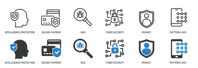 Cyber security line and glyph solid icons collection. Minimal icon and symbol series vector illustration