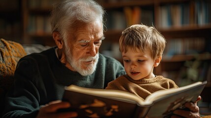 A grandparent reading a bedtime story to their grandchild, passing down family traditions and creating lasting memories.