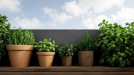 Fototapeta premium Rooftop garden with an outdoor kitchen area, featuring herbs and vegetables growing nearby, ready for use in fresh, healthy cooking