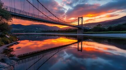 Obraz premium A stunning suspension bridge reflecting in a calm river at sunset with mountains in the background.