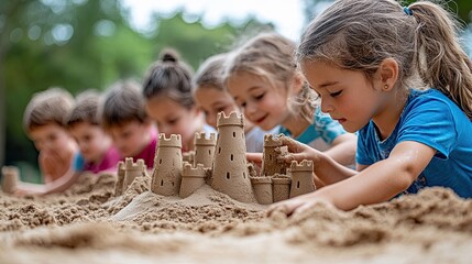 A group of children building a sandcastle on a playground, their hands busy shaping the sand and their imaginations running wild.