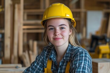 A young woman wearing a yellow hard hat and plaid shirt is sitting confidently in a carpentry workshop with wood shelves in the background with genrative ai