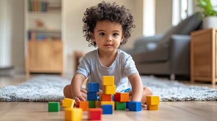 A young child sitting on the floor, engrossed in building a colorful tower with wooden blocks, their face focused and determined.