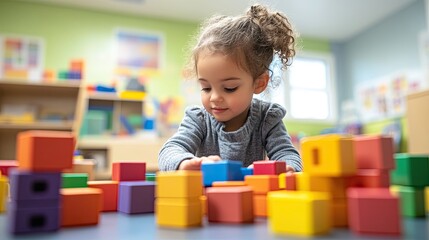 A child sorting blocks by color and shape, developing early math and organizational skills through play.