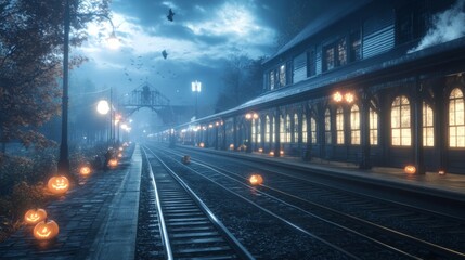 Fototapeta premium Haunted train station with eerie lights flickering in the windows glowing pumpkins scattered around