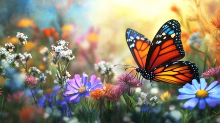 Naklejka premium Monarch Butterfly in a Field of Flowers