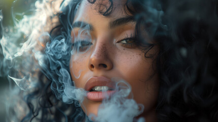 Fototapeta premium Close-up of a curly-haired woman exhaling smoke.