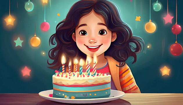  Happy child next to a birthday cake with lit candles &ndash; A joyful child smiling beside a birt_1(142)