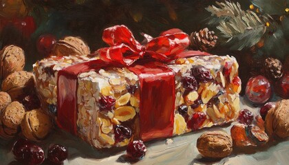 Oil painting depicting a festive gift of nut and dried fruit nougat showcasing seasonal delights and holiday treats
