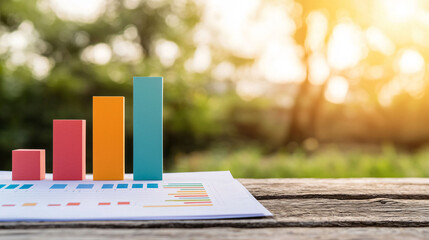 Close up of business forecast document featuring colorful bar graphs, showcasing growth and analysis in natural setting. warm sunlight enhances optimistic atmosphere
