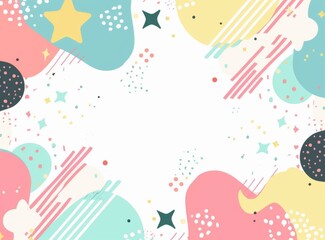 A colorful background with stars and a white frame