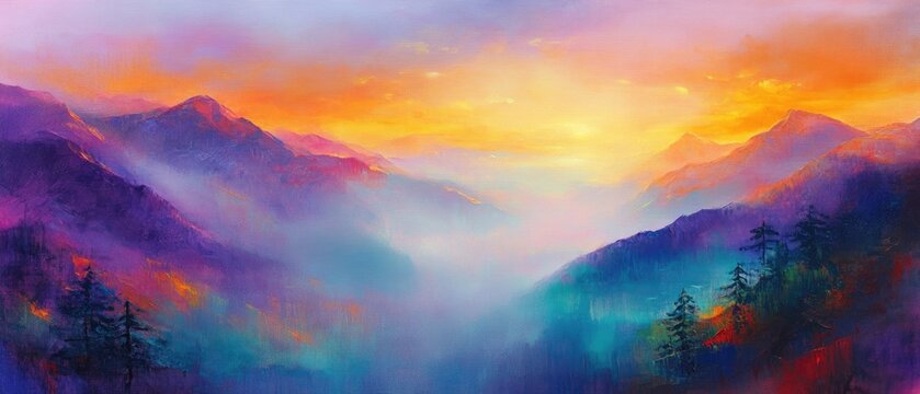 Vibrant oil painting depicting a misty dawn in mountainous terrain with rich colors and a serene atmosphere Colorful sunrise fog enshrouded peaks