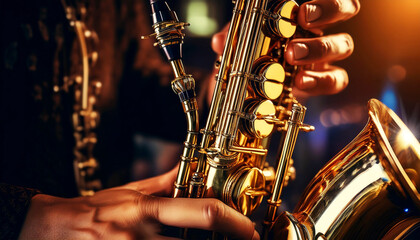 Obraz premium Extreme close-up of the expert hands of a saxophonist as he plays a beautiful golden saxophone on a dark background. Concept of brass instrument or wind instrument. Generative Ai.