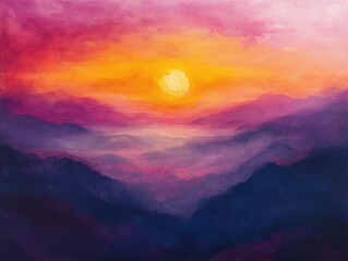 Fototapeta premium Oil painting capturing a vivid sunset surrounded by layers of mist
