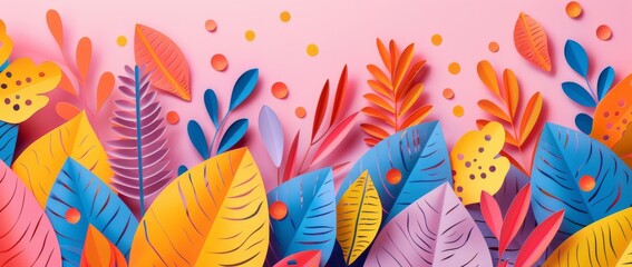 Flat Illustration of Colorful Paper Cutout Leaves on Pink Background, Matisse and Blair Style