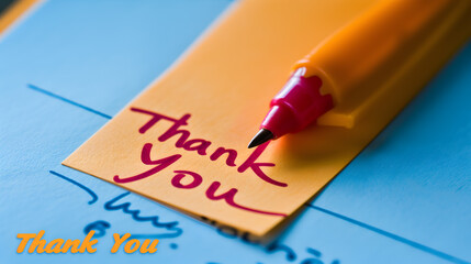 Writing 'Thank You' with yellow marker on orange paper. Gratitude expression, handwritten message, and stationery concept.